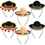 CWENDANER 6PCs Sombrero Stirnband Stoff PartyhüTe, Mexikanische Sombrero-HüTe, 3 Stile Polyester PartyhüTe, Mit Ball Fransen Dekoration FüR Fiesta Mexikanische Themen PartyzubehöR Dekorationen