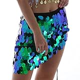 Yienate Sexy Damen Bauchtanz Kostüm Glänzend Mehrfarbig Farbverlauf Meerjungfrau Pailletten Rock Hüfttuch Schal Minirock Rave Outfit (Farbe 3)