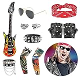 FASBET 11 Stück Rocker Kostüm Herren Rockstar Kostüm Kinder, enthält 1 Brille 2 Ärmel 2 Ringe 2 Armbänder 2 Handschuhe 1 aufblasbare Gitarre 1 Stirnband, Punk Rock Star Fancy Dress Kinder Jungen