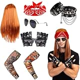 Meleager 70er 80er 90er Jahre Outfit, Disco Kostüm, Hippie Kostüm, Rocker Outfit Set mit Perücke Kopftuch Armband Sonnenbrille Handschuhe Geblümte Arme, für Karneval & Mottoparty