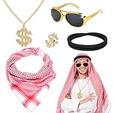 XEPST Arabisches Kostümset für Männer - 5 STÜCK arabisches Kostümzubehör Set mit Keffiyeh Kopftuch Arabisches schwarzes Stirnband für Männer Halloween Kostüm Cosplay Karneval Kostüm