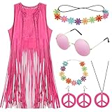 YADODO Hippie Kostüm Damen Weste Set Hippie Kleidung Damen zubehör Bolero Vintage Rosa 60er 70er Bekleidung Damen 70er Outfit Damen Disco Braun Fransenweste Damen Hippie Faschingskostüme Karneval (M)