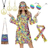TOLOYE Hippie Kostüm Damen, 70er Jahre Bekleidung Damen Hippie Kleid mit Hippie Tasche Hippie Accessoires, Kostüm Damen Fasching, 60er 70er Jahre Kostüm Hippie Kleidung für Karneval Cosplay (L)