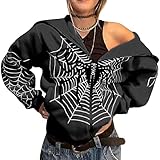 YINGKE Damen Zip Up Oversized Hoodie Große Spinnennetz Print Muster Y2K Hoodie Gothic Punk Jacke Sweatshirt(M,Schwarz)