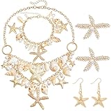 Alaxciax Frauen Meerjungfrau Kostüm Schmuck Set, Meerjungfrau Kostüm Zubehör Seestern Muschel Halskette Armband Perlen Seestern Haarspange Ohrringe Strandschmuck für Karneval (weiß)