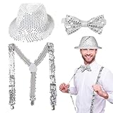 EUPSIIU 3 Stück Pailletten Kostüm Jazz Hip-Hop Dance Performance JGA Kostüm Zubehör mit Silber Jazz Hut Hosenträger Pailletten Fliege Latin Jazz Mardi Gras Cosplay Abschlussball(Silber)