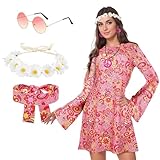 Blisscok Hippie Kostüm Damen Hippie Accessoires 60er 70er Jahre Outfit Damen Bekleidung Hippie Kleid Mode 60er 70er Jahre kleid Disco Outfit Damen 70er Mode Damen für Karneval Party (Rosa, L)