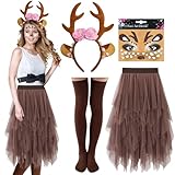 Reh Kostüm Damen Brauner Tüllrock Lang mit Reh Geweih Haarreif Tattoo Socken Rentier Kostüm Erwachsene Bambi Kostüm Damen Fasching karneval kostüm Damen Reh Tütü Rock Braun Lang Rehkitz Kostüm Damen L