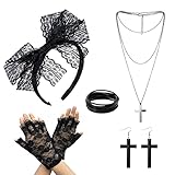 MIVAIUN 5pcs 80er Accessoires für Damen 80 Jahre Kostüm Zubehör Set Spitze Stirnband Ohrringe Netzhandschuhe 80er Retro Party Halskette Armband 80er Accessoires für Party Karneval Halloween (Schwarz)