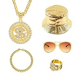CHEVVY Hip Hop Kostüm Set 5 Stücke Goldener Fischerhut Dollar Anhänger Kette Ring Sonnenbrille mit Farbverlauf 80 90er Jahre Zuhälter Kostüm für Fasching Themenpartys Rollenspiel