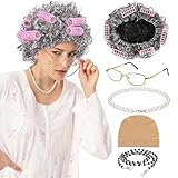XEPST Old Lady Kostüm Set, Großmutter Cosplay Zubehör Set, Kostümzubehör Omadeko mit Oma Perücke Perücke Kappe Oma Brille Brillen Ketten Perlenkette für Halloween Karneval
