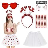 5 Stück Amor Kostüm Accessoires Set, Herzbrille, Herz Gesichtstattoo, Herz Haarreif, Herz Sticker, Weiß Tüllrock, Cupid Kostüm Damen für Halloween Valentinstag Karneval Carnival Fasching Cosplay
