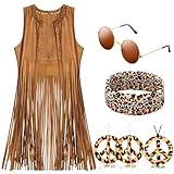 Hippie Kostüm Damen,Hippie Kleidung Damen Set,Fransen Weste ärmellose,Hippie Brille Halskette Ohrringe Stirnband,70er Jahre Kostüm Damen,für Karneval,Hippie FaschingSkostüme,70er Jahre Mottoparty(L)