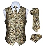 HISDERN Goldweste Paisley herren Blumen Hochzeit Schwarzes GoldWeste Krawatte Einstecktuch Taschentuch Jacquard Abschlussball Weste Anzug Set Gold, Gr.-M