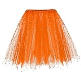 Damen Erwachsene Glitzernder Elastischer 4-lagiger Tüll Tutu Rock Fasching Karneval Kostüm Gruppenkostüm Tüllrock Orange