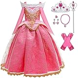 LiUiMiY Mädchen Dornröschen Kostüm Aurora Kleid Kinder Rosa Langarm Geburtstag Party Verkleidung Fasching Halloween Karneval, Rosa, 104-110(Etikett 110)
