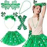 HIULLEN St Patrick Day Kostüm Zubehör Set, Grün Irish Klee Gedruckt Mesh Rock Halskette Brille Stirnband Arm Wärmer Dress up, Kobold Kostüme zum St. Patricks Day für Girl Dame Mottoparty Dekoration