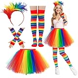 Ycaaeo 6 Stück Regenbogen Kostüm Damen mit Regenbogen Tüllrock,Bunte Feder Haarbänder,Kniestrümpfe Damen Bunt,Fingerlose Handschuhe,Regenbogen Papagei Kostüm Damen für Fasching Karneval Rollenspiele