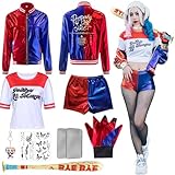 YeahBoom Quinn Cosplay Kostüme,Mädchen Bösewicht Kostüm Kit enthalten Jacke T-Shirt,Shorts und Handschuh Ballon Stick,Strümpfe Bundlefor Karneval Cosplay