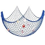 Fischernetz Deko Blau mit Muscheln 1x2m Mediterrane Stil Deko Netz Fischernetz Dekoration für Outdoor Wanddekoration Beach