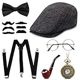 1920s Jahre Herren Accessoires, 20er Gangster Kostüm, Herren Accessoires Mafia Gatsby Kostüm Set, Panama Hut Elastisch Hosenträger Schnurrbart und Taschenuhr Zigarre