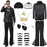Aragallant Herren 70er Jahre Outfit, Disco Kostüm Herren, Hippie Kostüm Hemd und Schlaghosen für Herren, 60er 70er Jahre Outfit Männer mit Perücke Sonnenbrille Schnurrbart (L, 170-175cm)