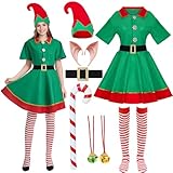 Antsparty Weihnachtself Kostüm Kinder Erwachsen, Weihnachten Elfenkostüm mit Elfenhut Elfenohren Schuhe Weihnachtliche Krücken, Weihnachts Elfen Kostüm für Weihnachten Party