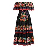 Odizli Sommerkleid Damen Lang Elegant Sexy Mexikaner Mexikanisches Hawaii Bohemian Boho Style Off Shoulder Blumenkleid Sommer Leicht A Linien Maxikleider Freizeitkleid Strandkleid Schwarz Rot M