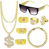 Goenb 8 Stück Zuhälter Kostüm, 80er 90er Jahre Outfit Herren Hip Hop Kostüm Goldkette Herren Gangster Gang Sonnenbrille Goldene Dollar Kette Ring Hanzi-Ringe Für Karneval Fasching Mottoparty