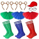 11 Stück Streifenhörnchen Kostüme Set, 3 Streifenhörnchen Ohren Stirnband 3 Paar Kniestrümpfe Streifen Socken 1 Schwarze Runde Brillenrahmen 1 Rote Cap 3 Tutu Rock Tierkostüm Zubehör für Kinder Mädche