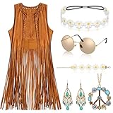 Alintor Hippie Kostüm Damen, 70er Jahre Outfit Damen, Hippie Weste Damen mit Hippie Accessoires, Flower Power Kleidung Damen, Hippie Kleidung Damen, Faschingskostüme, Karneval Kostüm Damen