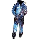 Morbuy Herren Jumpsuit Jogger, Blau Sternenhimmel Drucken Kapuzenpullover Strampelanzug 3D Printed Onepiece Sweatshirt Männer Strampler Weich Nachtwäsche Overall Trainingsanzug (S, Blauer Stern)