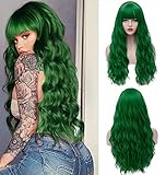 Perücke Grün für Damen, Lang Locken Cosplay Perücke mit Pony für Frauen Kinder Kostüm Party Fasching Halloween Wig DE010H