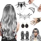 WYFDCZZP Perücke Halloween Damen, Halloween Accessoires Damen, 70cm Grau Lang Wellte Lockig, Halloween Kostüm Damen, Grey Wig Lang Haar Gelockt, für Halloween, Karneval, Maskerade und Cosplay