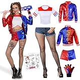 FORMIZON Clown Kostüm Damen, Quinn Kostüm Set für Damen, Quinn Karneval Costume Set mit Tattoo Joker, Jacke, Shorts, T-Shirt, Handschuh, Netzstrümpfe für Faschingskostüme Erwachsene Karneval Cosplay
