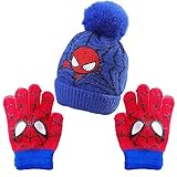 FAMILIO 3 Stück Spinnenmann Mütze und Handschuhe Spinnenmann Handschuhe Set für Jungen Blau Anime-Heldencharakter Hut und Handschuh Set Kinder Wintermütze und Schneehandschuhe für Jungen