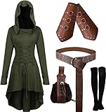 CNVAUIE Mittelalter Kleidung Kostüm Damen Set Mittelalterliches Kapuzenkleid Set Renaissance Kostüm Set mit Armschützern Gürtel Gürteltasche Strümpfe Zubehör (grün, 3XL)