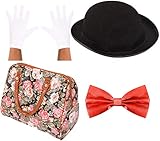 Poppins Zubehör-Set Edwardian NNY Kostüm-Requisiten: Bowler-Hut + weiße Handschuhe + Faux-Leder-Teppichtasche + rote Fliege Größe: 58 cm Hut für Damen