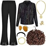 PLULON 9-teiliges Herren-Disco-Kostüm im 70er-Jahre-Stil Dude Paillettenhemd Schlaghose Set mit Perücke Sonnenbrille Schnurrbart Dollarzeichen Kettenring Disco-Zubehör für die Abschlussballparty