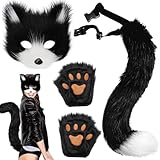 XIEXIESHER 3 Stück Katze Fuchs Cosplay, Pelzige Fuchs Maske, Handgefertigtes Fuchs Wolf Ohren+Fuchs Tails Kostüm+Katze Fuchs Handschuhe,Karneval Halloween Party Cosplay Kostüm Set(Schwarz Weiß)