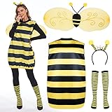 FORMIZON Bienen Kostüm Damen, Bienenkostüm Erwachsene mit Biene Haarreif, Flügel, Beinärme, Hummel Faschingskostüme für Damen Herren Karneval Dress Up Party Cosplay (Hummel, L)