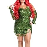 GPLOPEEY Deluxe Green Ivy Kostüm für Damen Sexy Poison Ivy Halloween Kostüm Fake Leaves Ärmelloses Paillettenkleid mit Handschuhen Set (01 Green, L)