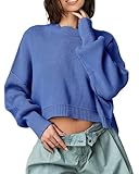 Saodimallsu Pullover Damen Oversize Strickpullover Rundhals Elegant Sweatshirt Langarm Einfarbig Casual Tops Lose Grobstrick Herbst Winter Oberteil Sweater Blau L
