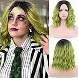 PORSMEER Ombre Grüne Perücke Kurze Locken Perücke Bob Perücke Matcha Grün Perücken Frauen Mädchen Strand Wellen Perücken für Cosplay Kostüm Party,14 Zoll