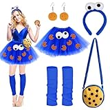 YYSWSAKY Monster Kostüm Damen Kinder, Cookie Haarreif Kekse Ohrringe Tüllrock Stulpen Blau Monster Tasche Monster Kostüm Erwachsene Karneval Accessoires Halloween Cosplay