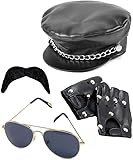 Dreamzfit - Herren 80er Jahre Punk Biker Kostüm Accessoires Schwarz Biker Cap mit Kette, Fliegerbrille, Biker Handschuhe & Schnurrbart - Steampunk YMCA Karneval Cosplay Mottoparty Verkleidung