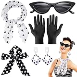 BDSHUNBF 50er Jahre Damen Accessoires, Rockabilly Accessoires 50er Jahre Damen Kleid Zubehör, 1950s Kostüm Set, mit Chiffon Schal Polka Dot Bandana Katzen Auge Brille, für Retro Teily Party