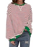 DUOEASE Weihnachtspullover Damen Streifen Oversize Pullover Langarm Herbst Rundhals Sweatshirt Oberteile XXL