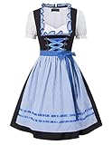 SCARLET DARKNESS Damen Trachtenkleid 3tlg Knielang Dirndl Midi Kleid für Oktoberfest Kariertes Kostüm L Blau Plaid