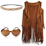 KINBOM Hippie Kostüm Set Damen, 60er 70er Hippie Costume Set Bohemian Hippie Kostüm Damen Accessoires Set Fransen Weste Stirnband Herz Sonnenbrille für Damen (XL)